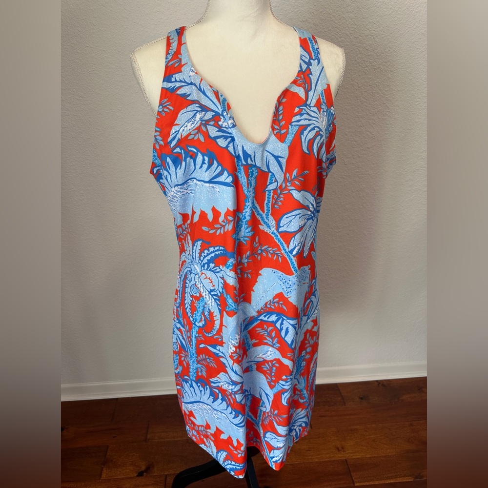 Gretchen Scott Designs Red and Blue Leaf Pattern Dress